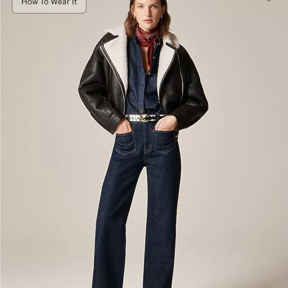 J. Crew Collection Black Leather Shearling Moto‎ Zip Up Jacket XL